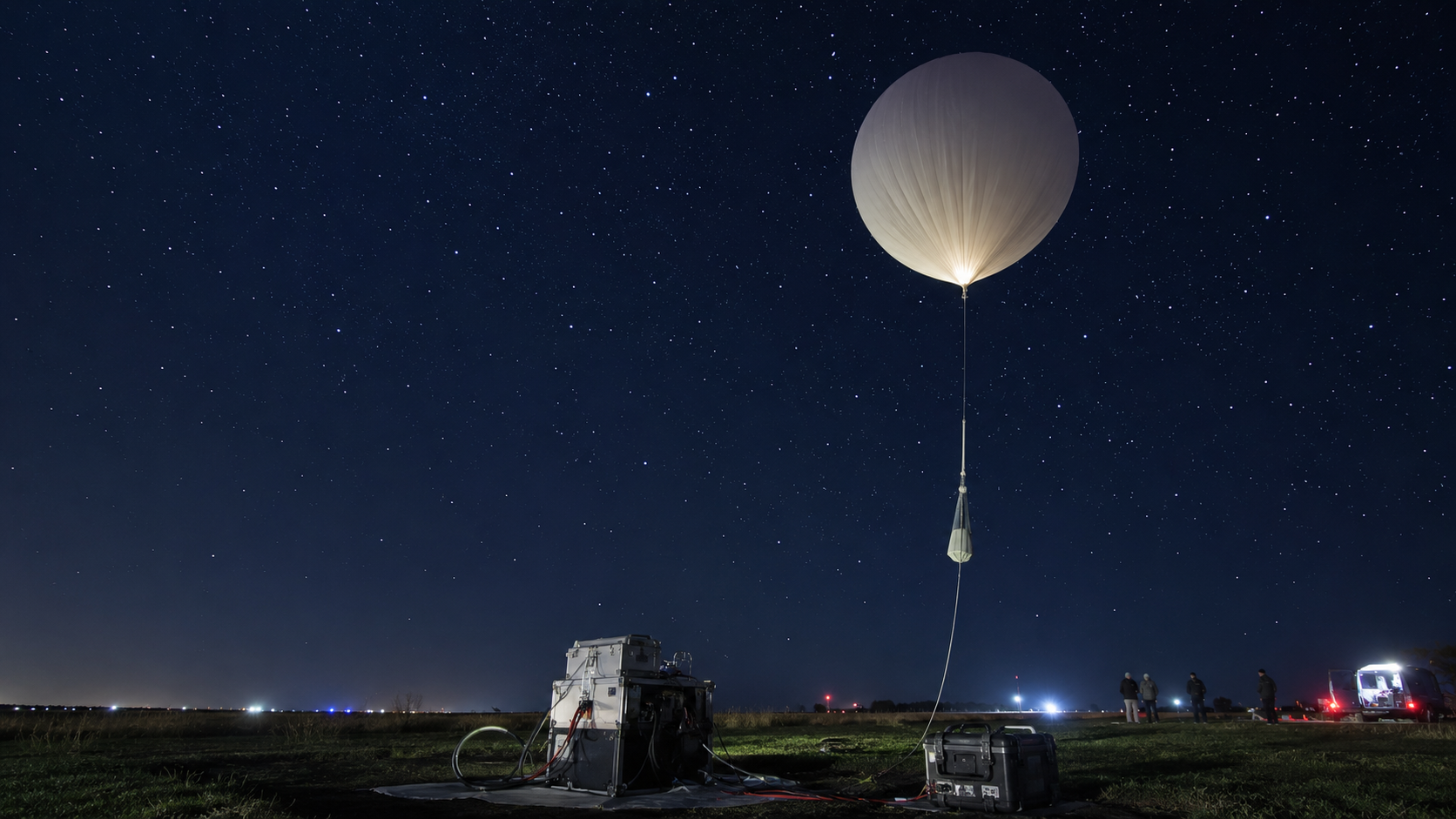 AI-generated illustration of a night-time high-altitude balloon launch used to accompany Greenectra’s stratospheric flight article